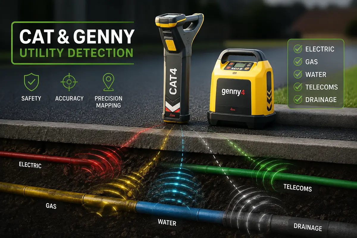 CAT and Genny utility detection equipment and buried-service illustration