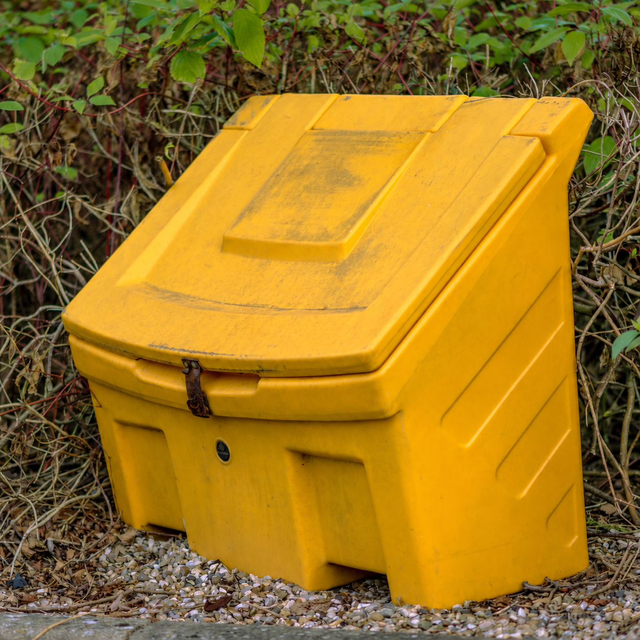 Yellow grit bin ready for inspection