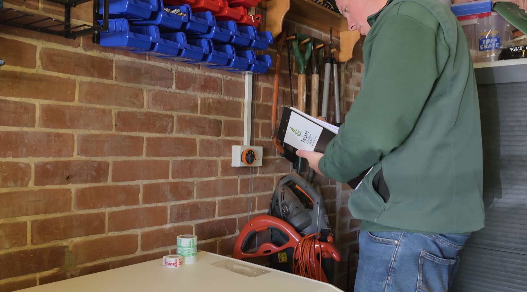 ProLand operative recording the result of an electrical socket check